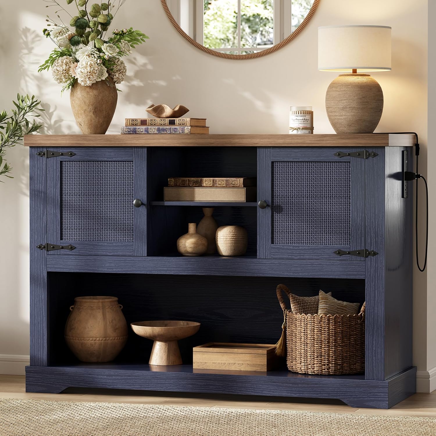 LIKIMIO Farmhouse Entryway Table with Power Outlets, 47.2" Rattan Console Table with Adjustable Storage Shelves & Rattan Doors Cabinet, Sofa Table for Entry, Living Room, Hallway, Foyer, Blue