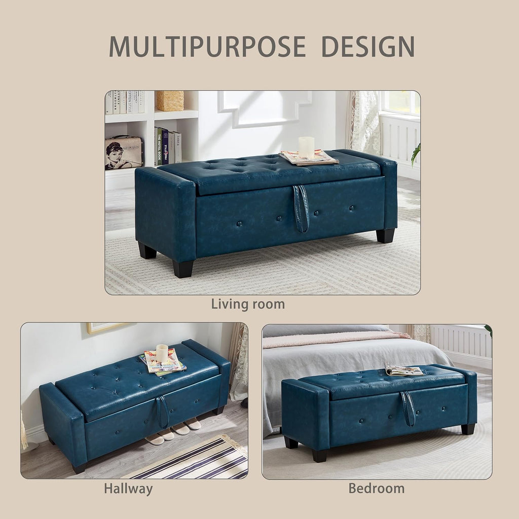 48" Storage Ottoman Bench, Upholstered Tufted Faux Leather End of Bed Bench with Flip Top Storage, Large Bedroom Bench for End of Bed, Entryway Shoe Bench, Living Room Ottoman, PU (Navy Blue)