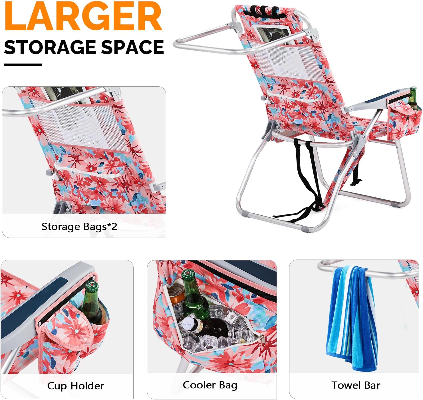 VINGLI Tall Beach Chair 2 Pack Lightweight, Backpack Beach Chair for Adults with 5-Position, Cooler Bag, Cup Holders, Towel Bar, Lightweight Folding Beach Camping Chairs