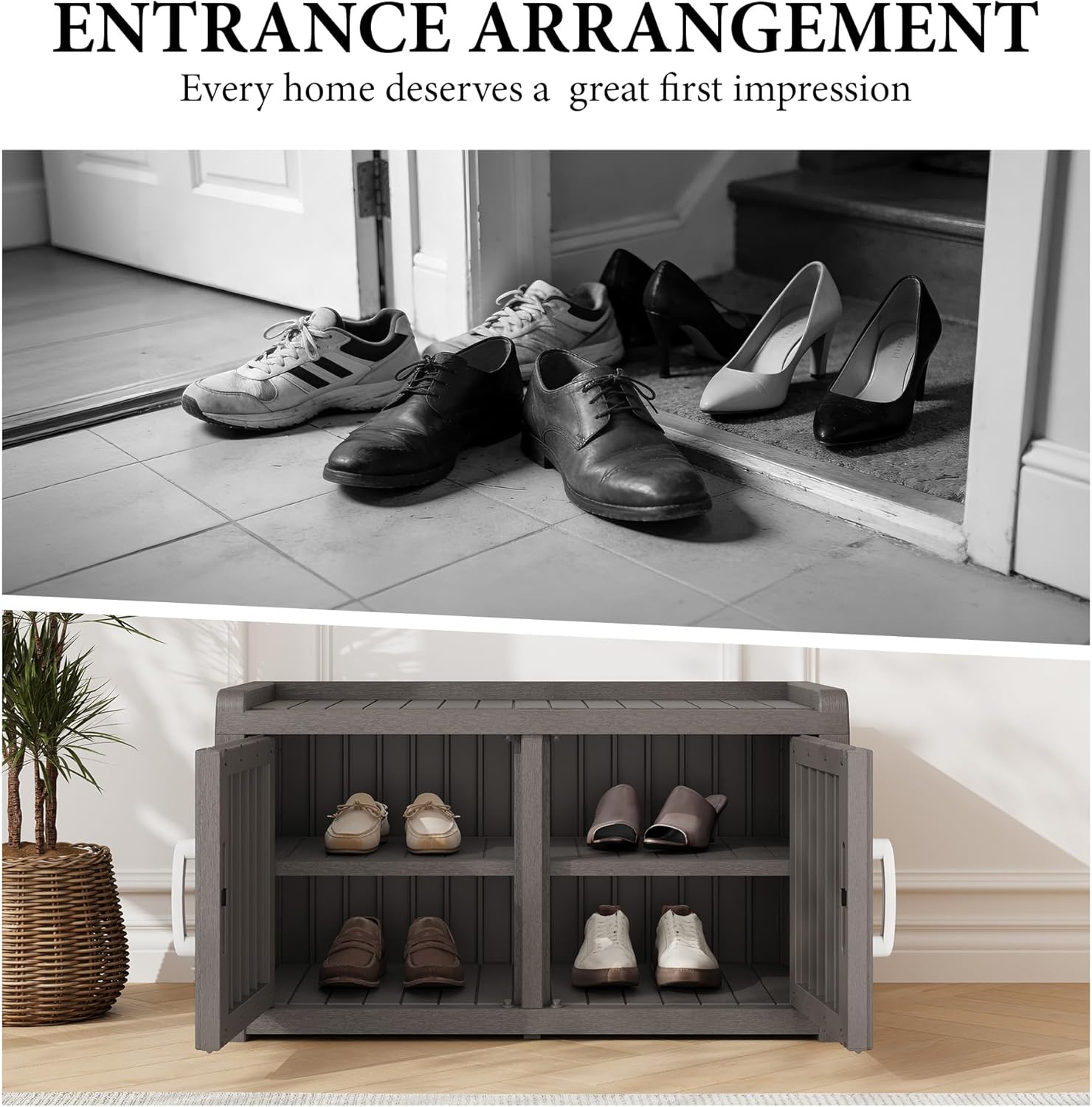 Outdoor Shoe Bench, Waterproof UV-Resistant Indoor Resin Shoe Cabinet, Entryway Shoe Storage with 2 Doors, Living Room, Bedroom, Gray (Two-Door)