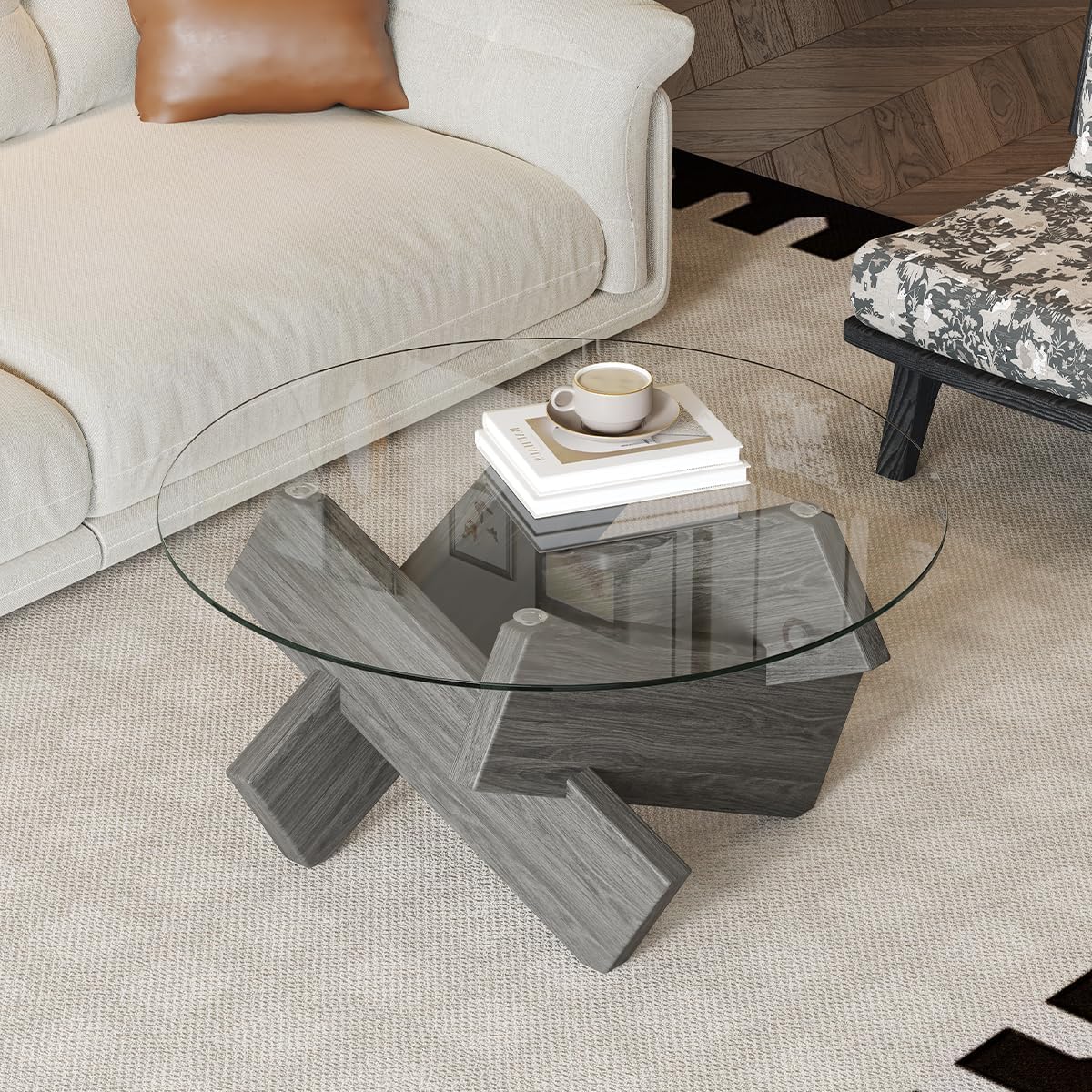 Gray Round Glass Coffee Table,33-Inch Coffee Tables for Living Room Clear Circle Accent Table Adapts to Farmhouse and Contemporary Decor