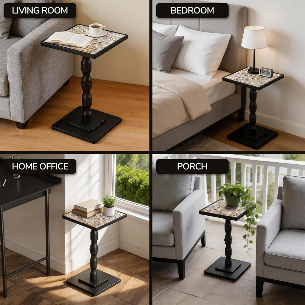 AMBIRD Mosaic Shell Accent Side Table – Handcrafted Small End Table for Tight Corners, Beside Chairs & Plant Display | No-Tool Assembly, Modern Vintage Decor for Bedroom, Living Room (11.8")
