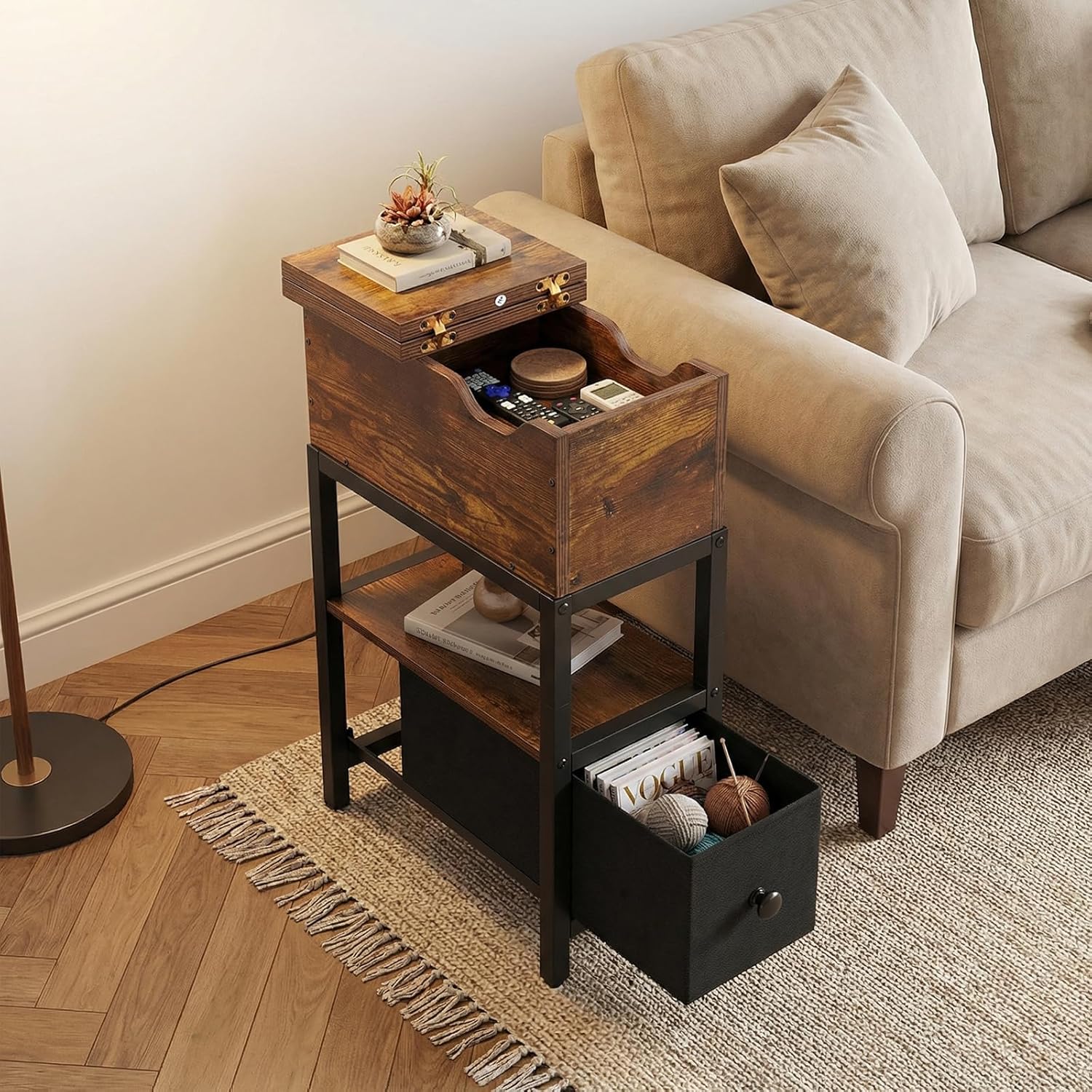Flip Top Narrow End Table with Hidden Storage, Small Side Table with Fabric Drawer, Bedside Tables with Shelf,Metal Frame Chairside Table for Sofa, Living Room, Small Spaces,Rustic Brown