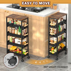SUNALLY Slim Storage Cart with Pull-Out Baskets, 5-Tier Rolling Kitchen Cart with Wooden Top & Lockable Wheels, Narrow Space Utility Cart Organizer for Kitchen, Bathroom, Laundry Room, Black