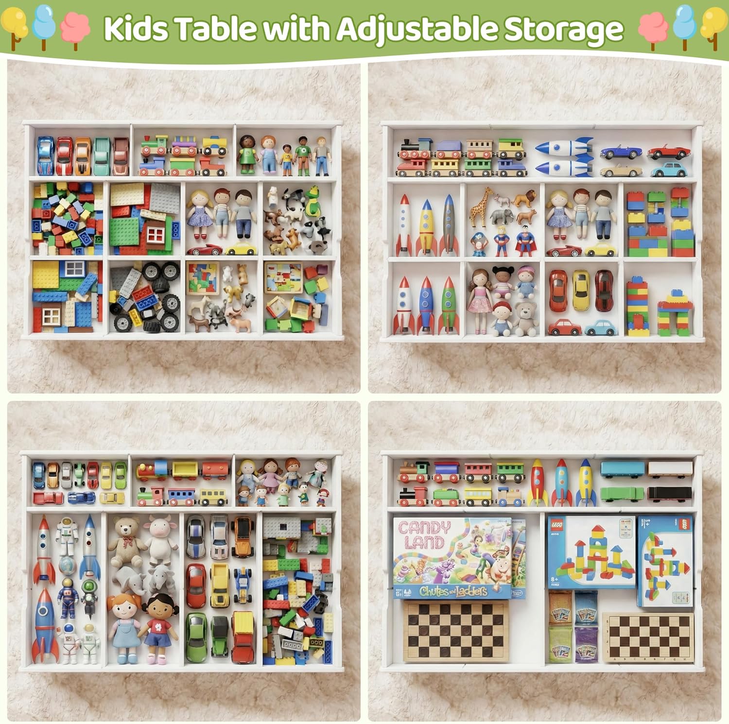 GITAWUSA 3-in-1 Construction Play Table with Storage Compatible with Lego, Rolling Kids Activity Table, Double Sided Desktop, Train Table for Toddlers 3-8, Convenient Storage Under the Bed and Sofa