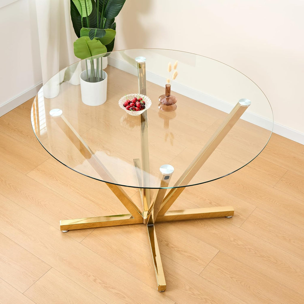 SSLine 45.2" Round Glass Dining Table for 4 Modern Circle Glass Tabletop Kitchen Table for 4 Luxury Dinner Tables with Gold Metal Legs for Home Kitchen Dining Room(Table Only)
