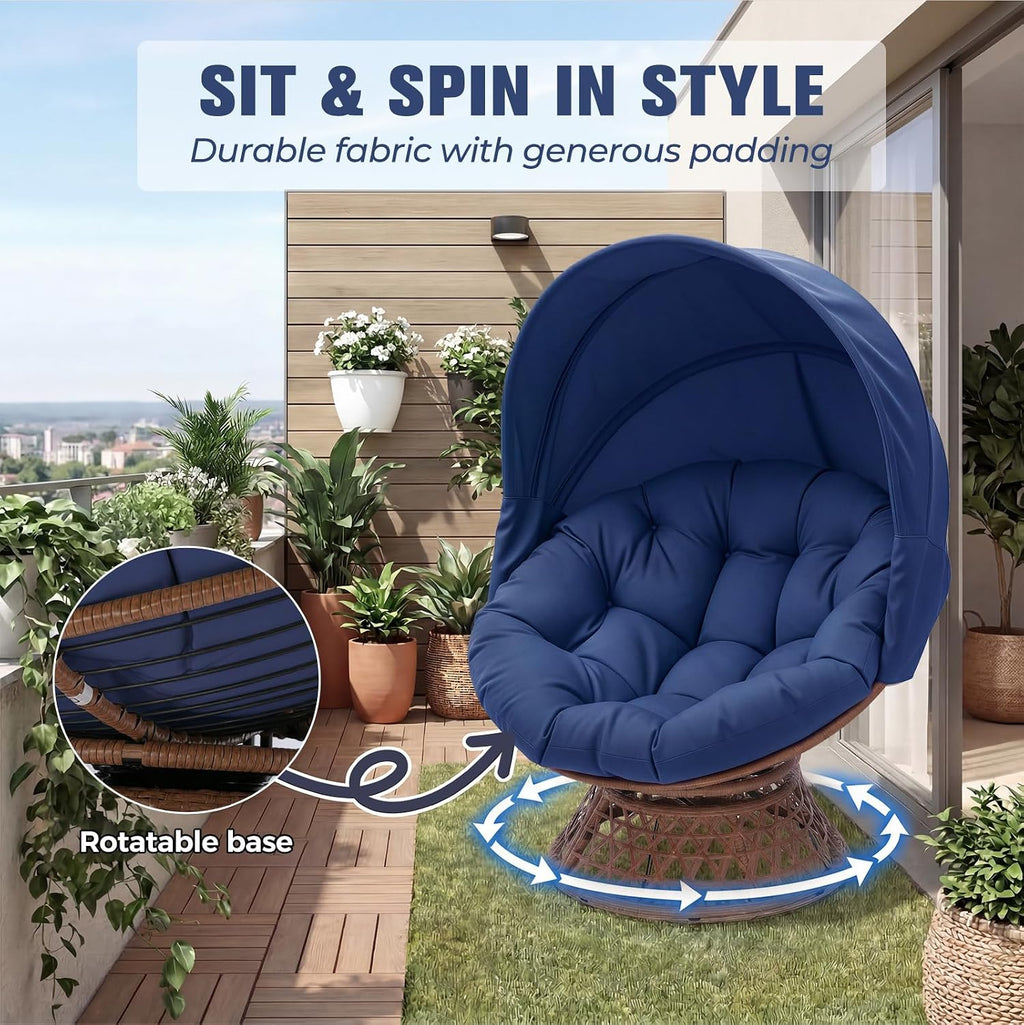 GTPLAYER Outdoor Wicker Egg Chair PE Rattan Chair with Cushion, Oversized Patio Lounge Chair with Canopy Papasan Chair 360° Swivel Base for Outdoor, Indoor, Balcony, Backyard, Garden, Blue