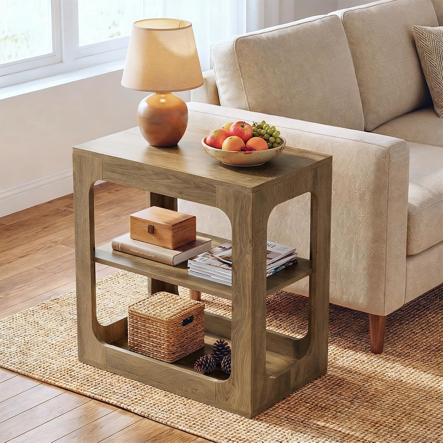 Tribesigns End Table with Storage Shelves, 3-Tier Side Table with Sturdy Base, Farmhouse Wooden Bedside Nightstand for Living Room, Bedroom, Rustic Brown