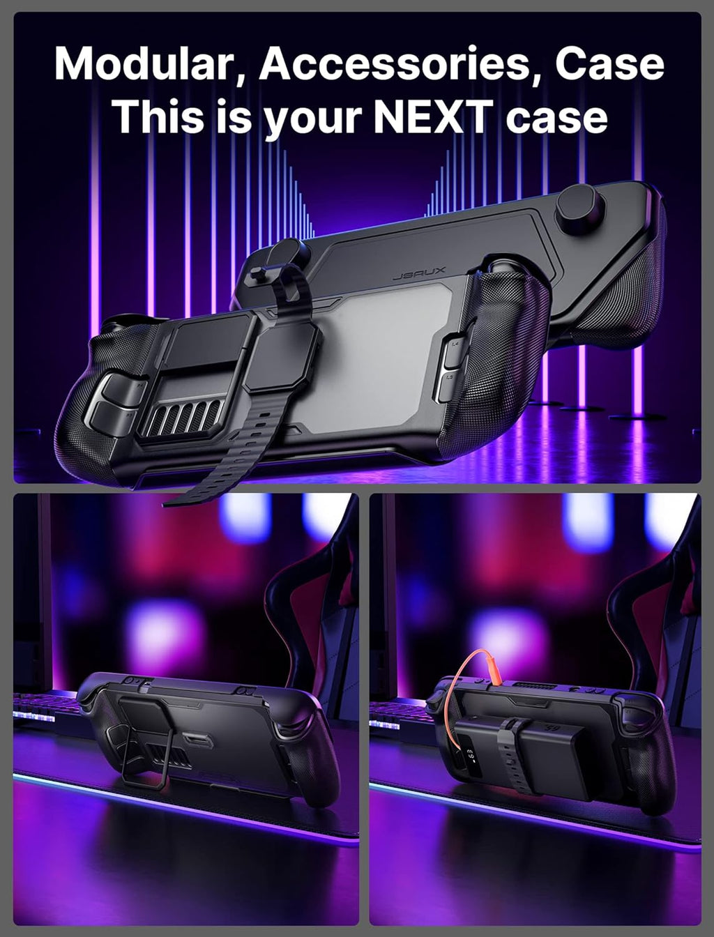 JSAUX ModCase for Steam Deck/Steam Deck OLED, PC0104 Modular Valve Steam Deck Case Include Protective Case, Face Cover, Cooling Fan, Metal Bracket and Strap - Cooler Set