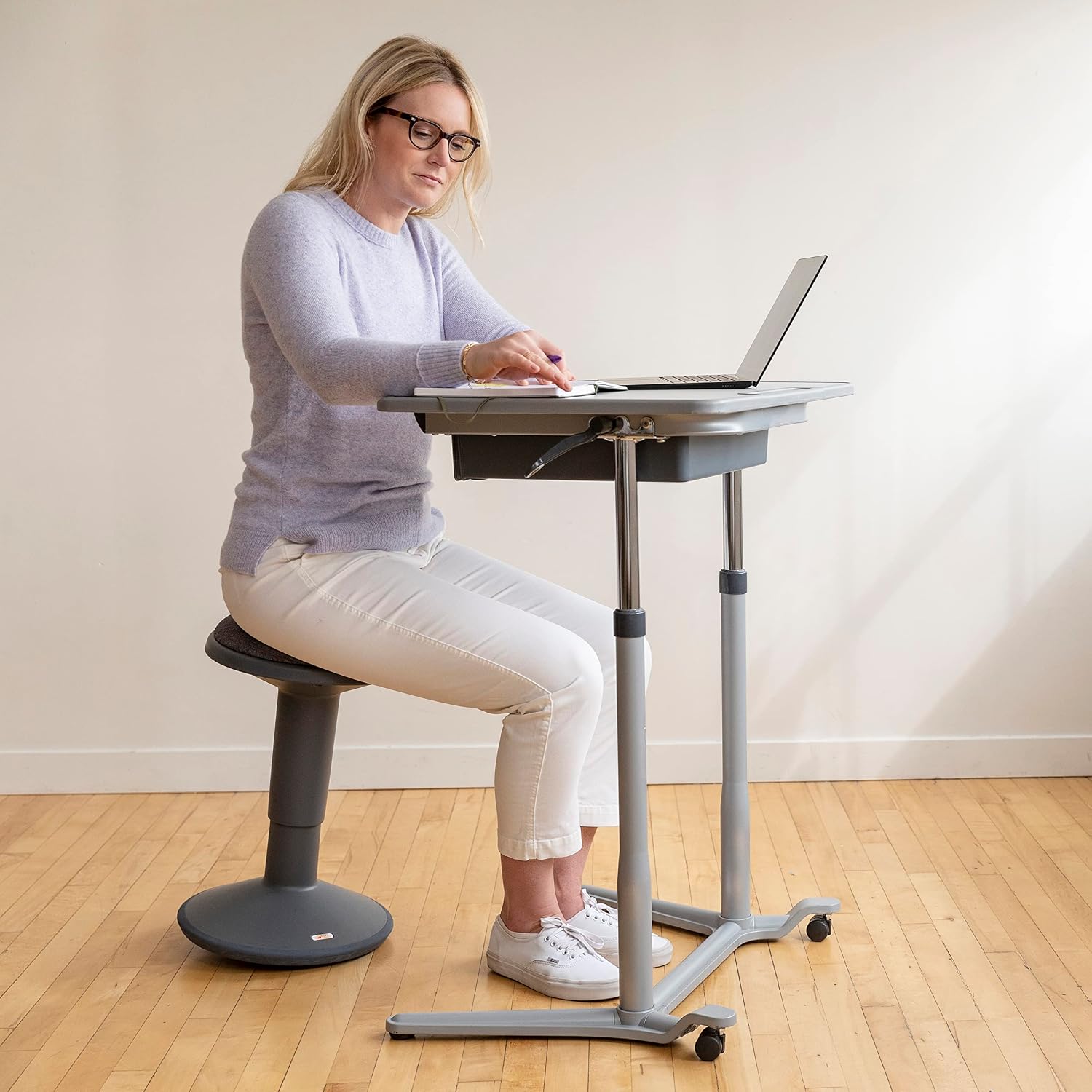 ECR4Kids 3S Mobile Adjustable Open Front Desk, Sit Stand, and Store, Classroom Furniture, Grey