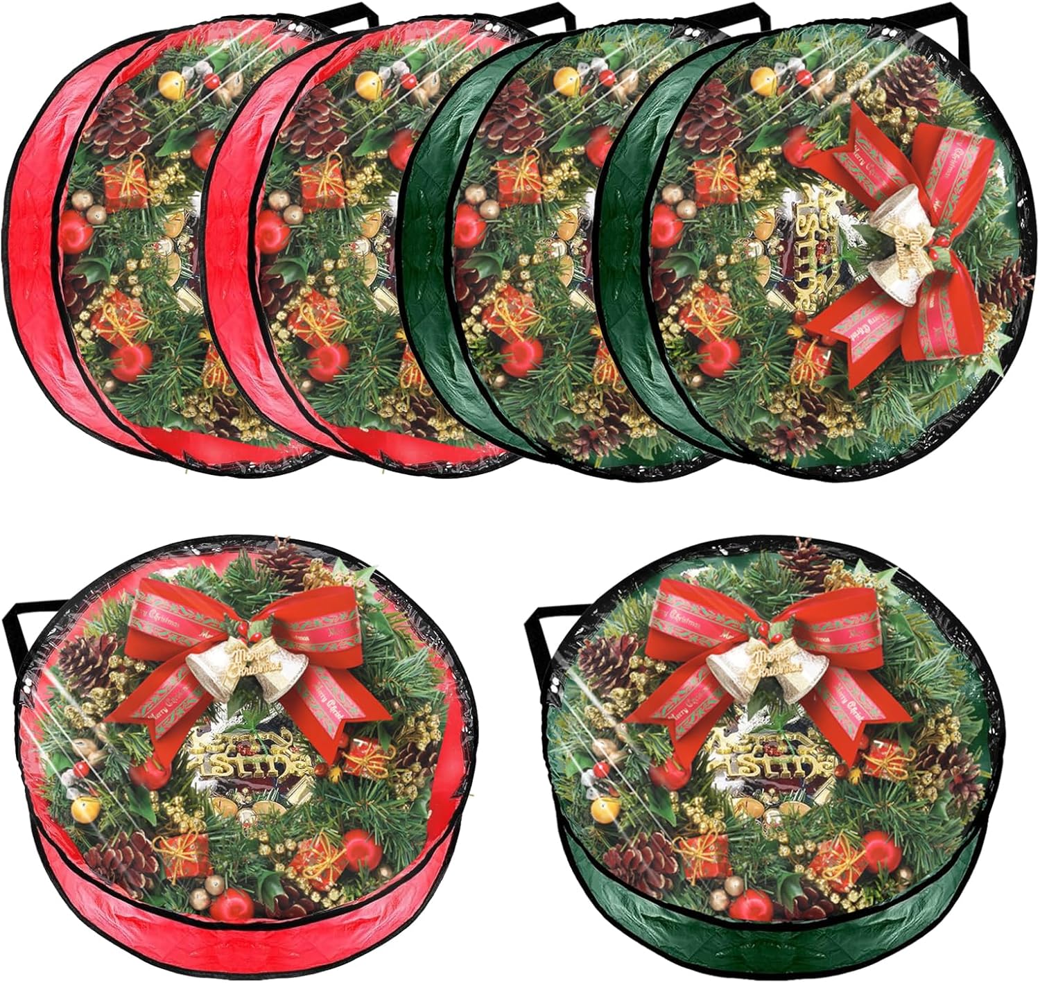 6 PCS Clear Wreath Storage Bag, 24x8 Inch Christmas Wreath Storage Container, PVC+PE Wreath Protector with Handle for Xmas Holiday Seasonal Wreath Garland (3 Green+3 Red)