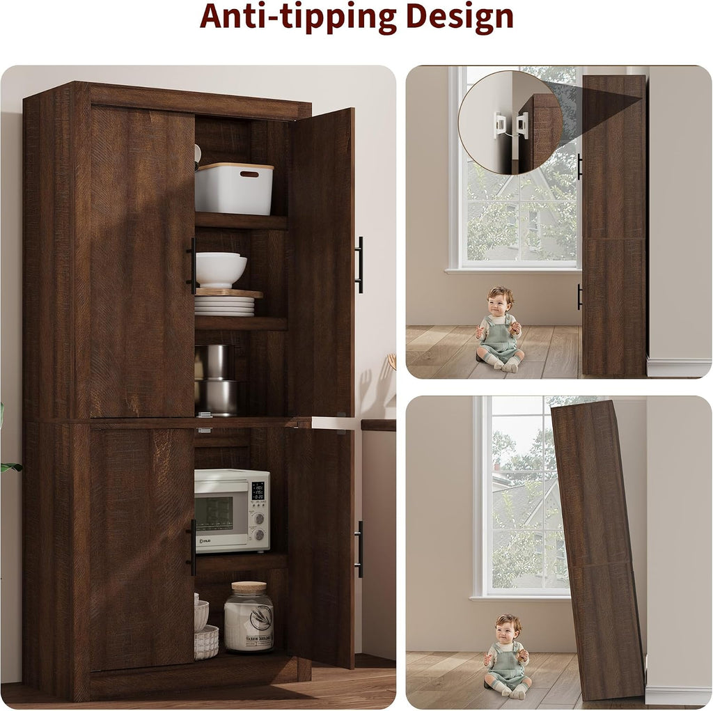 IDEALHOUSE Tall Wooden Kitchen Pantry Cabinet, Farmhouse 4-Magnetic Door Freestanding Food Storage Cupboard Pantry Cabinet with Adjustable Shelves & Large Storage for Dining, Living Room, Retro Brown