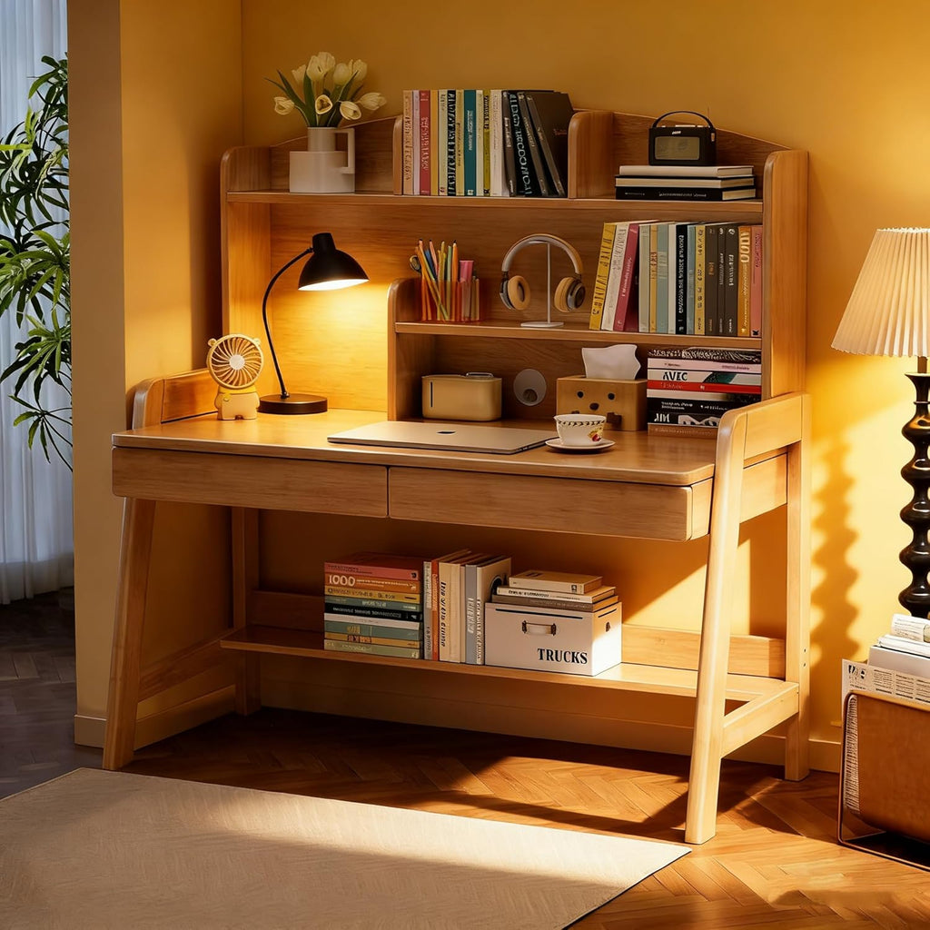Kids Desk Wooden Childrens Study Desk with Bookshelf＆Two Drawers, Adjustable Kids Desk for Study＆Writing＆Computer＆Workstation, Nature