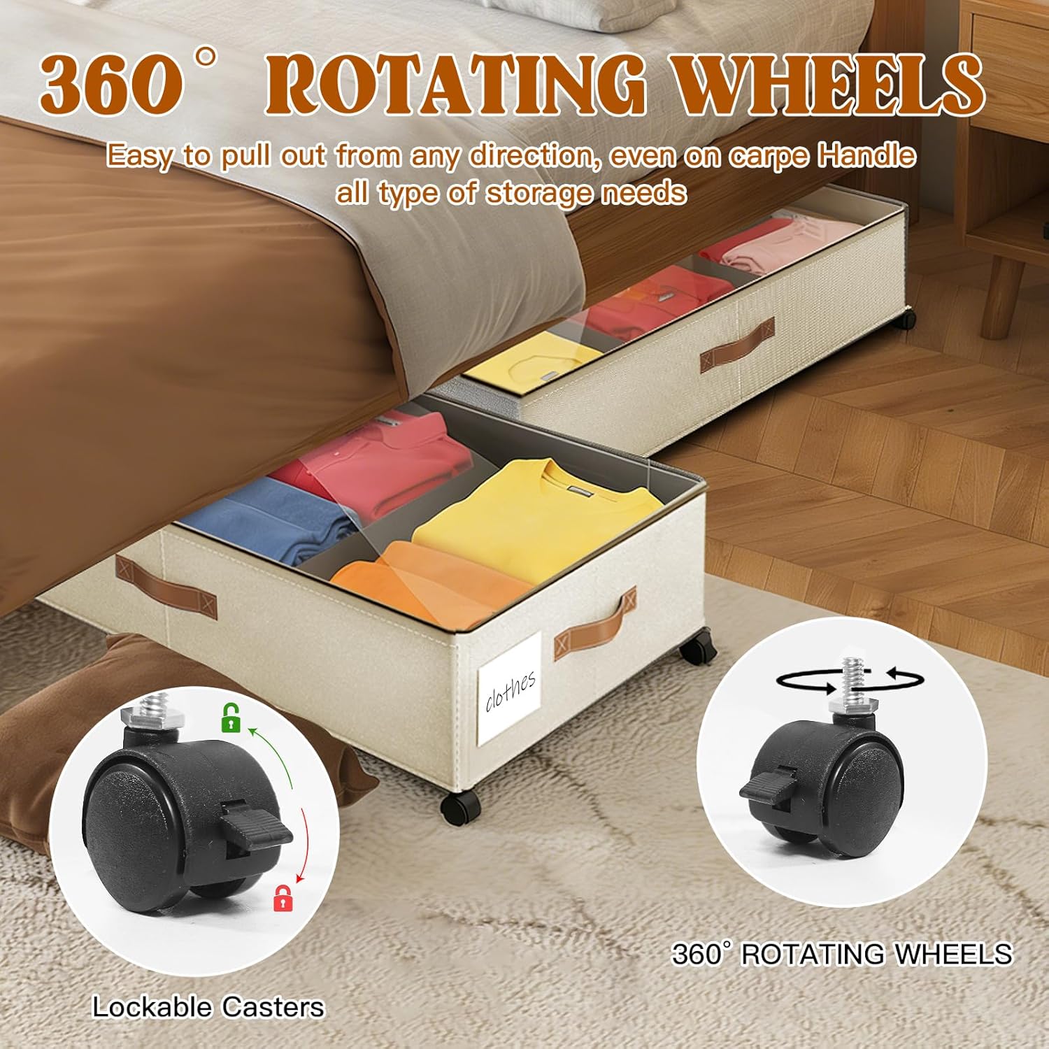 Under Bed Storage with Wheels, Rolling Storage Containers with Clear Lid and Handles for Clothes, Shoes, Blankets, Pillows, Toys, Books, Bags (60L, 30.9 x 16.9 x 6.7in, Beige, 2 Pack)