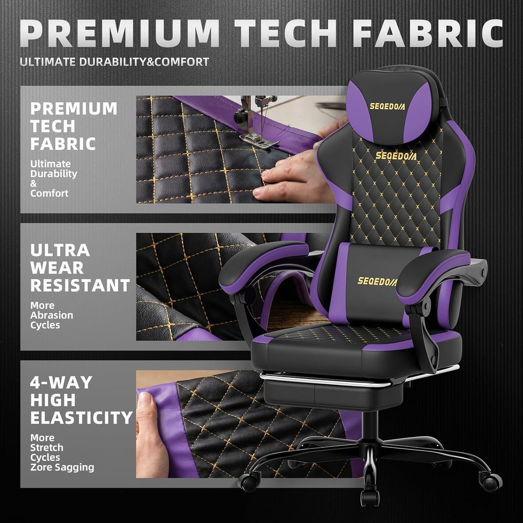 Ergonomic Gaming Chair with Footrest & Massage Lumbar Pillow, Height Adjustable 360° Swivel Computer Chair, Linked Armrest & Headrest for Office Gaming (Black Purple)