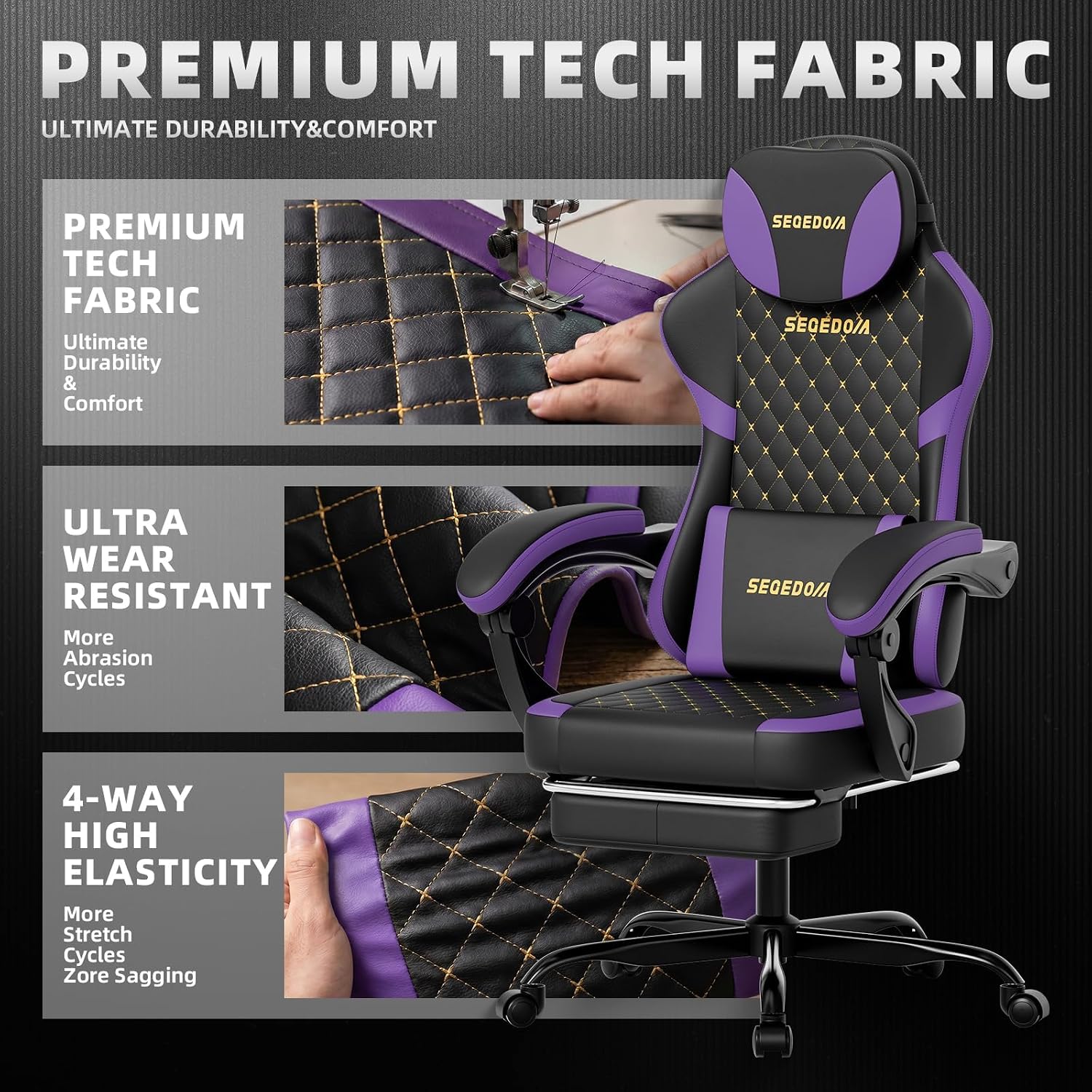 Ergonomic Gaming Chair with Footrest & Massage Lumbar Pillow, Height Adjustable 360° Swivel Computer Chair, Linked Armrest & Headrest for Office Gaming (Black Purple)
