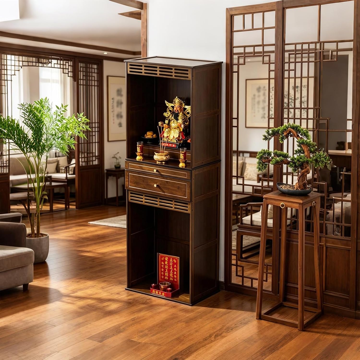 Altar Table, Freestanding Bamboo Storage Cabinet with Drawers, Floor-Standing Wooden Display Table with Shelves, for Living Rooms, Shrines, Temples(Brown,38 * 37 * 172cm/15 * 14.6 * 67.7in)