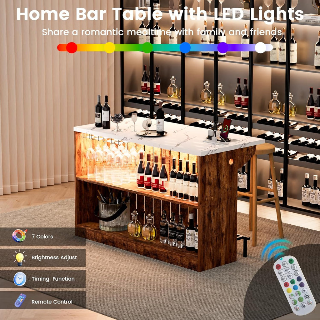 55-Inch Home Bar Unit, 2-Tier Drop Leaf Mini Bar Table with LED Light & Charging Station, Modern Faux Marble Counter Height Pub Table with Footrest for Dining Room, Living Room, Bistro