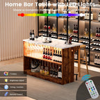 55-Inch Home Bar Unit, 2-Tier Drop Leaf Mini Bar Table with LED Light & Charging Station, Modern Faux Marble Counter Height Pub Table with Footrest for Dining Room, Living Room, Bistro