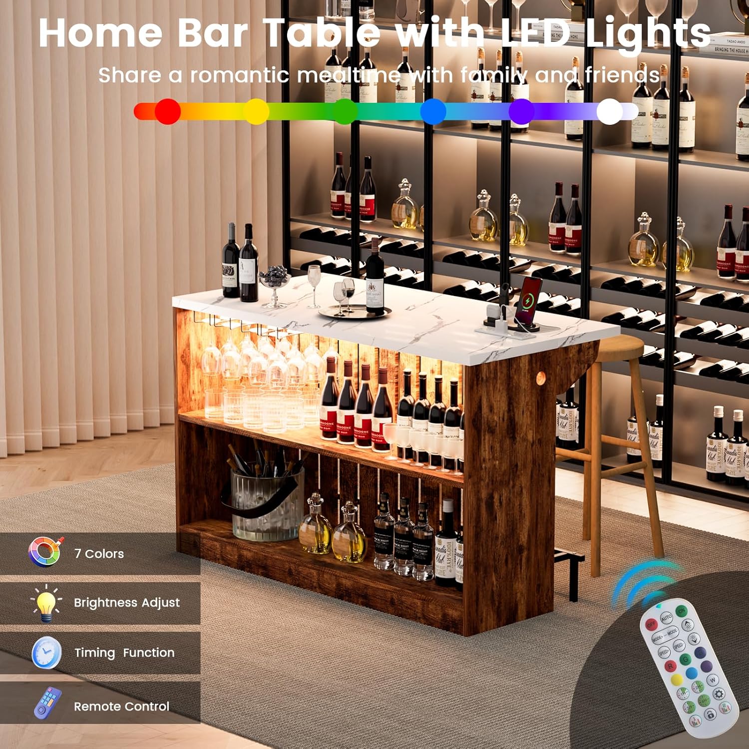 55-Inch Home Bar Unit, 2-Tier Drop Leaf Mini Bar Table with LED Light & Charging Station, Modern Faux Marble Counter Height Pub Table with Footrest for Dining Room, Living Room, Bistro