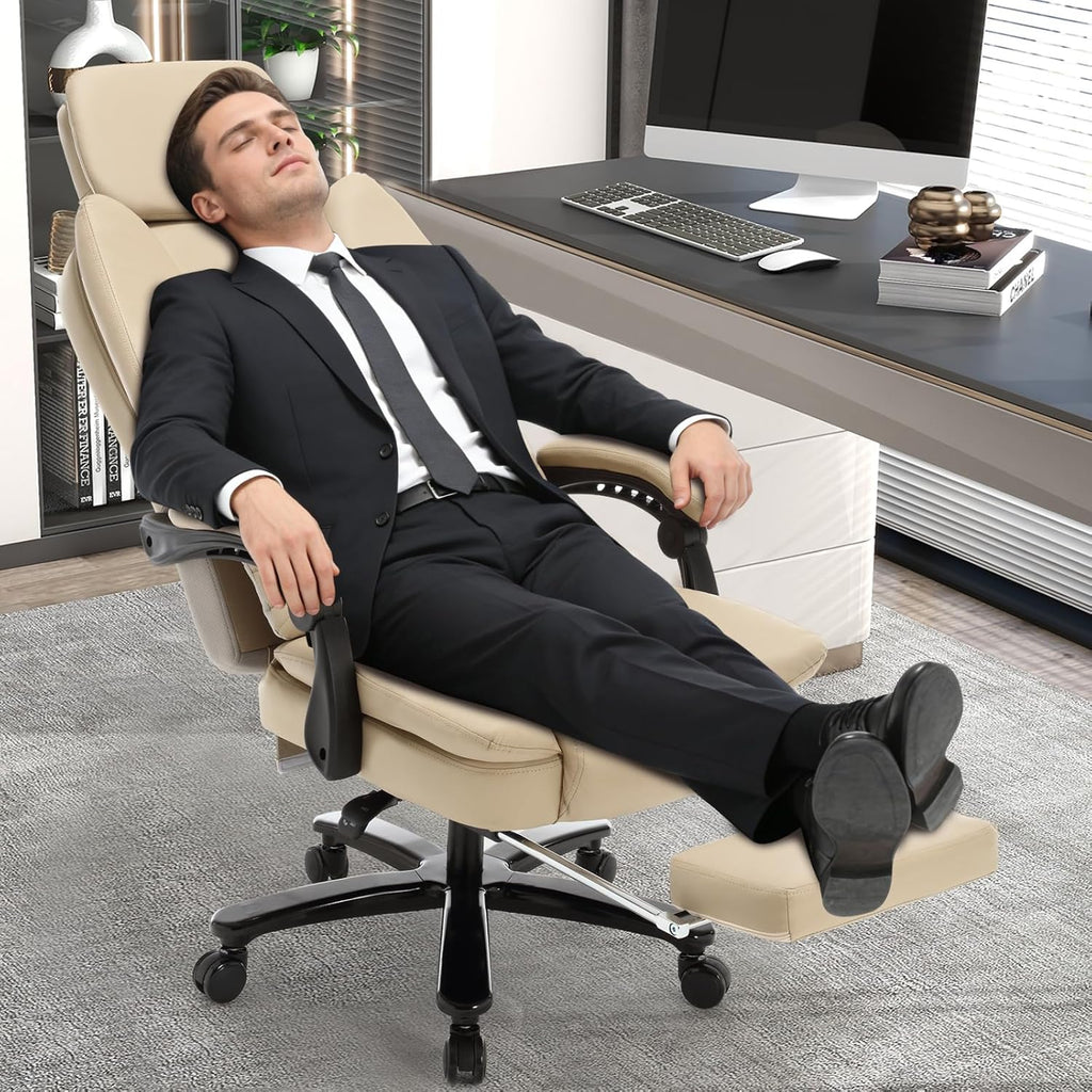 500lbs Plus Size Office Chair with Lumbar Support, PU Leather Big and Tall Heavy Duty Reclining Office Desk Chair with Foot Rest,Beige