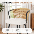 Rattan Dining Chairs Set of 4, Modern Upholstered Kitchen Chair with Metal Legs, Ergonomic Curved Backrest, Mid Century Living Room Chairs with Throw Pillow, Natural