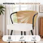 Rattan Dining Chairs Set of 4, Modern Upholstered Kitchen Chair with Metal Legs, Ergonomic Curved Backrest, Mid Century Living Room Chairs with Throw Pillow, Natural