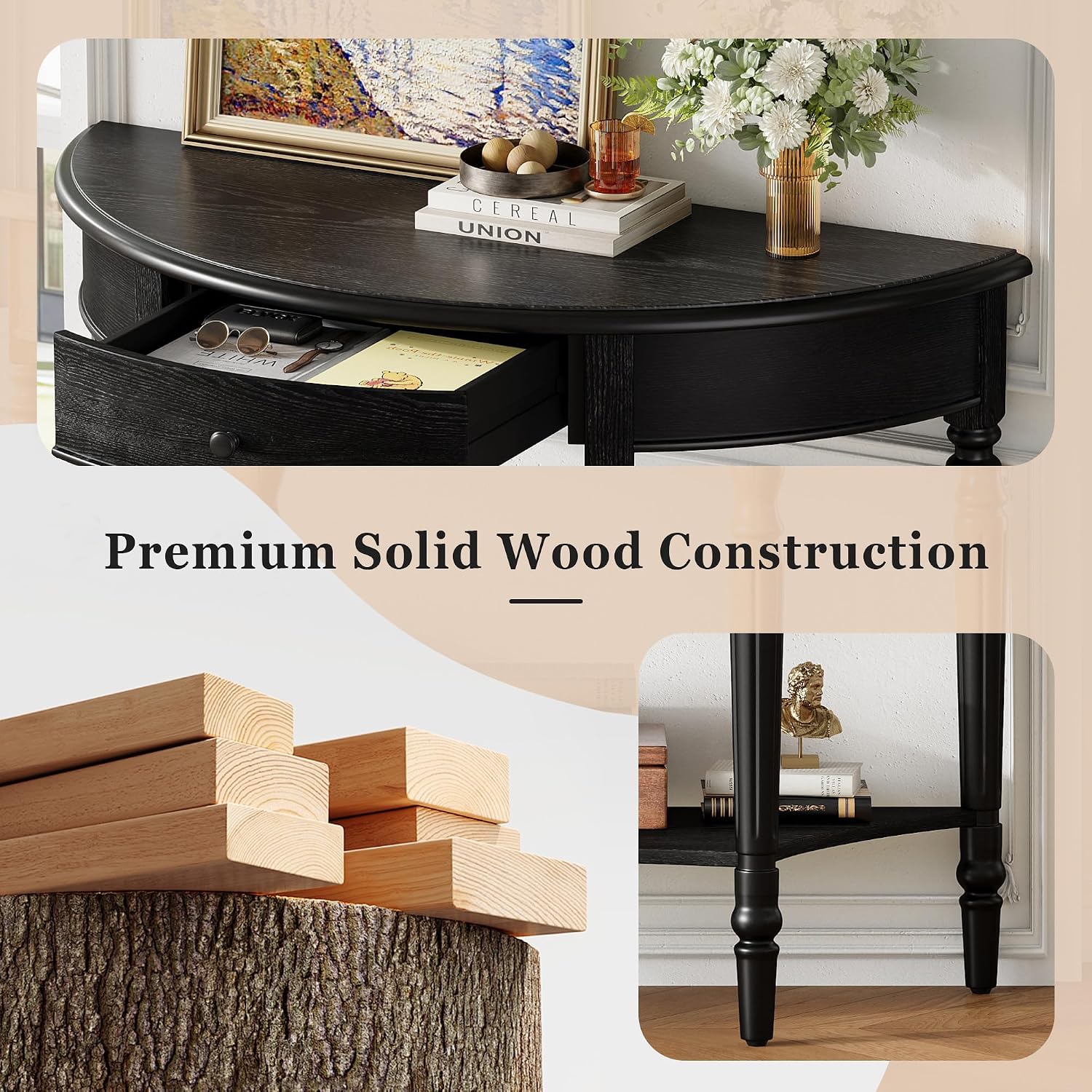 LUMISOL Rustic Console Table with Drawer and Shelf, Half Moon Sofa Table Behind Couch for Living Room, Farmhouse Accent Table for Entryway Hallway Foyer, Black