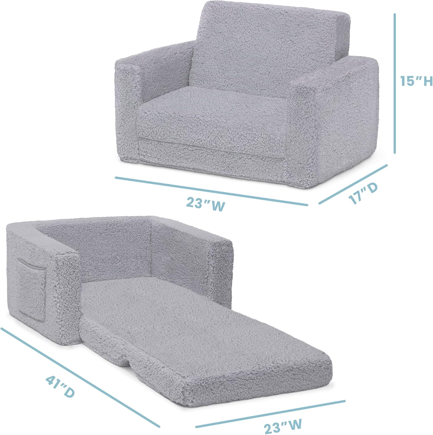 Delta Children Cozee Flip-Out Sherpa 2-in-1 Convertible Chair to Lounger for Kids, Grey