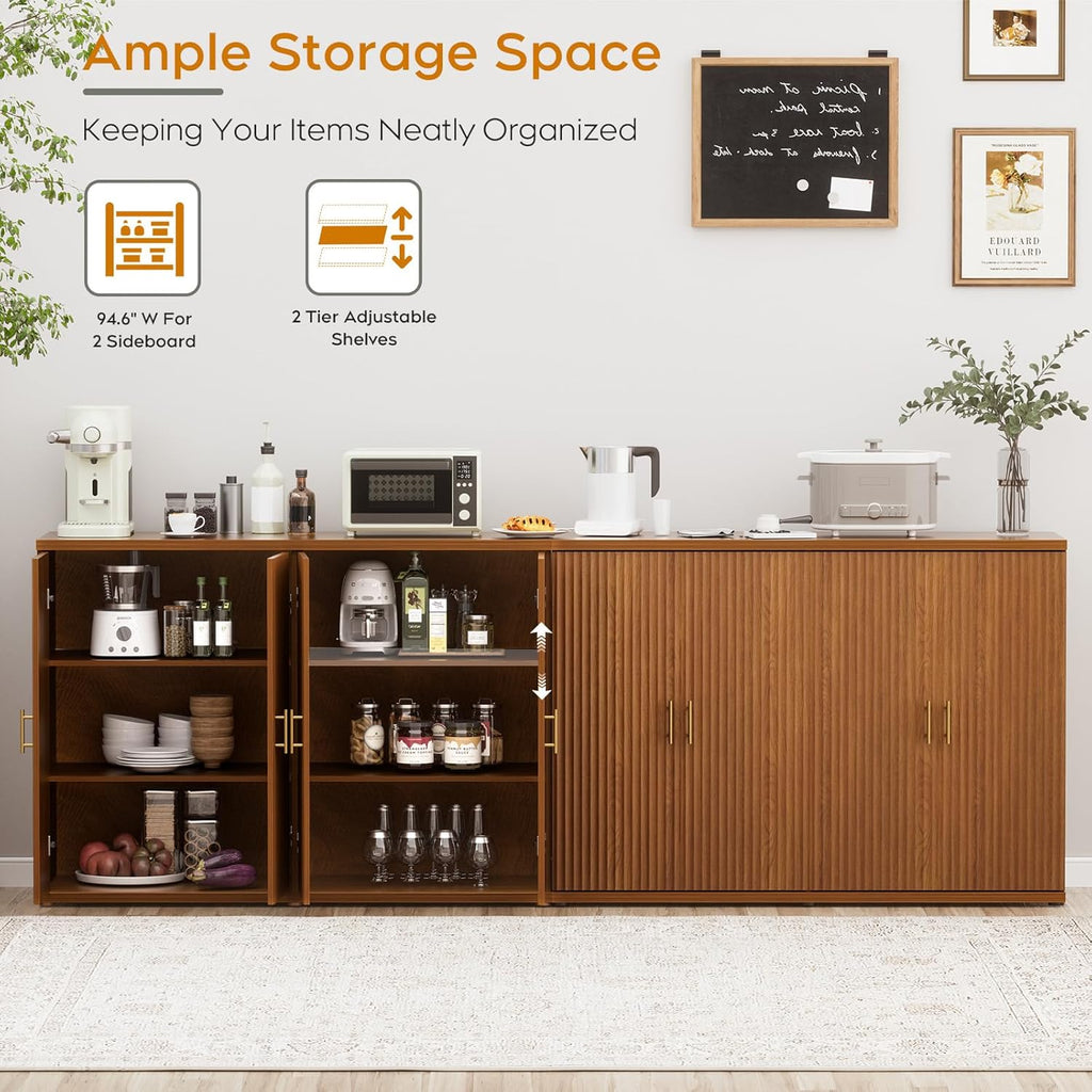 Yechen 94.6" Walnut Fluted Sideboard Buffet Cabinet with Storage and 8 Doors, Mordern Credenza Storage Cabinet with Adjustable Shelves, Media Console Table, for Living Room Dinning Kitchen(2 PCS)