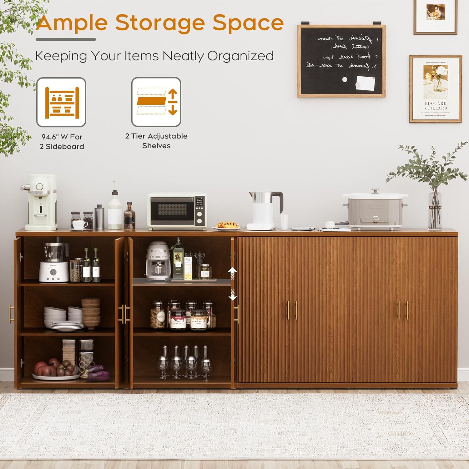 Yechen 94.6" Walnut Fluted Sideboard Buffet Cabinet with Storage and 8 Doors, Mordern Credenza Storage Cabinet with Adjustable Shelves, Media Console Table, for Living Room Dinning Kitchen(2 PCS)