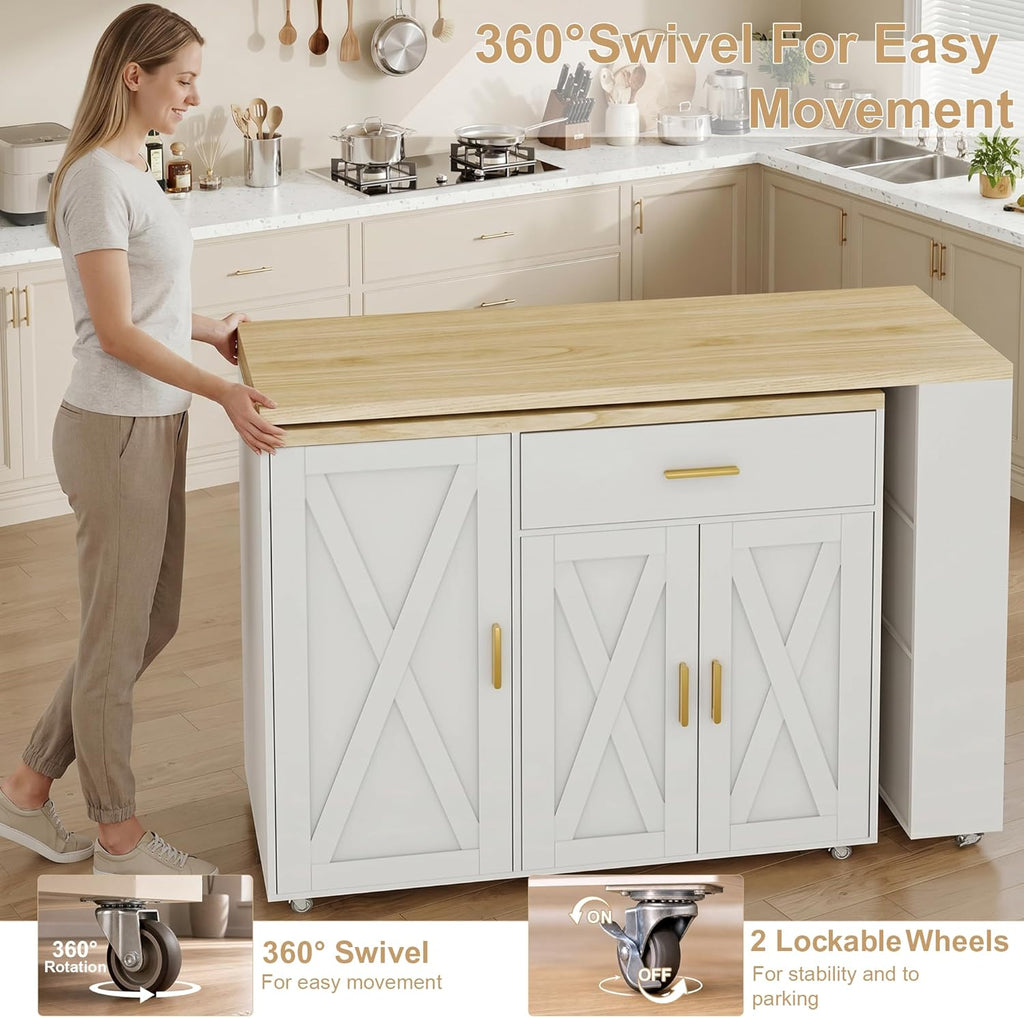 DreamDashio Kitchen Island with Storage, Rolling Kitchen Island with Swivel Table, Drawers & Shelves, Mobile Kitchen Island Cart with 360° Swivel Extendable Dining Table for Kitchen, Dining Room