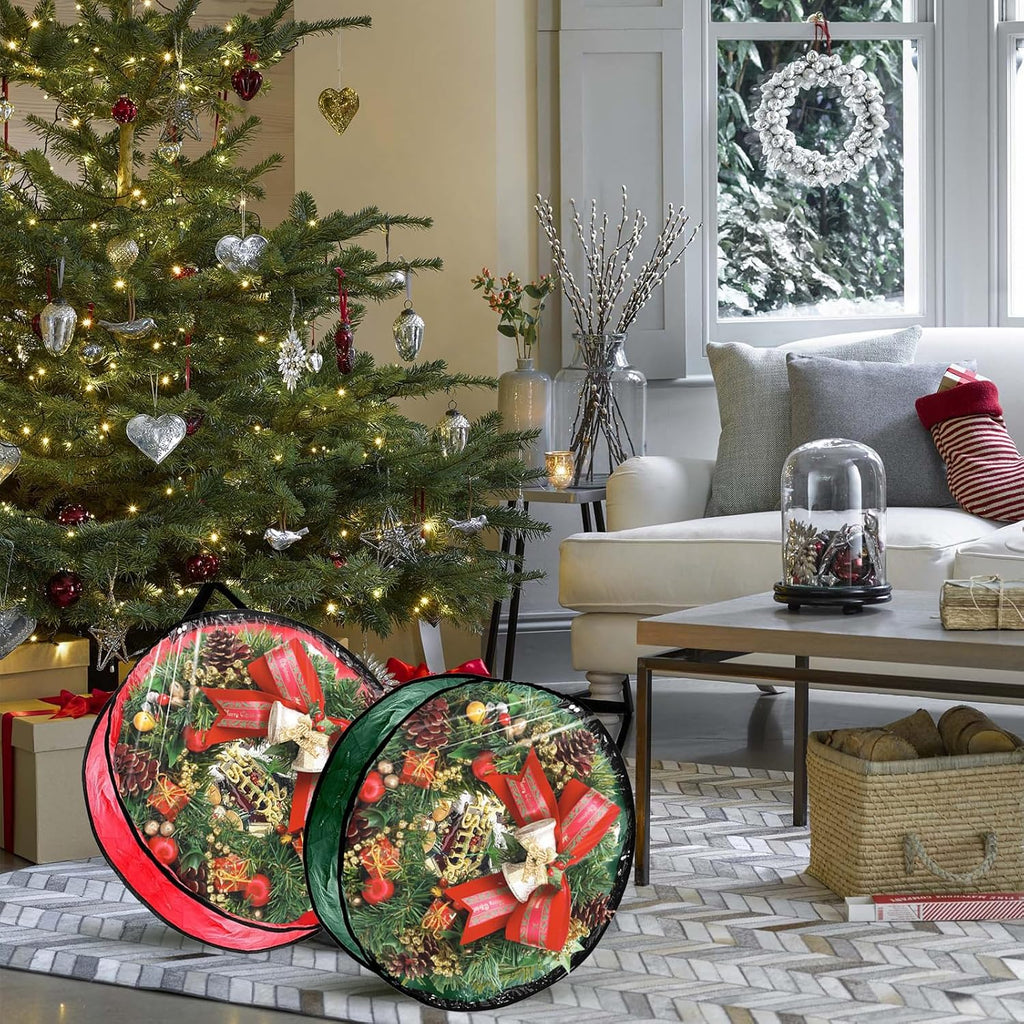 6 Pcs Christmas Wreath Storage Bag, 24" Dia Round Wreath Storage Container with Clear Window, Tear Resistant Wreath Boxes for Christmas Holiday Seasonal Storage (Red×3 ＆ Green×3)