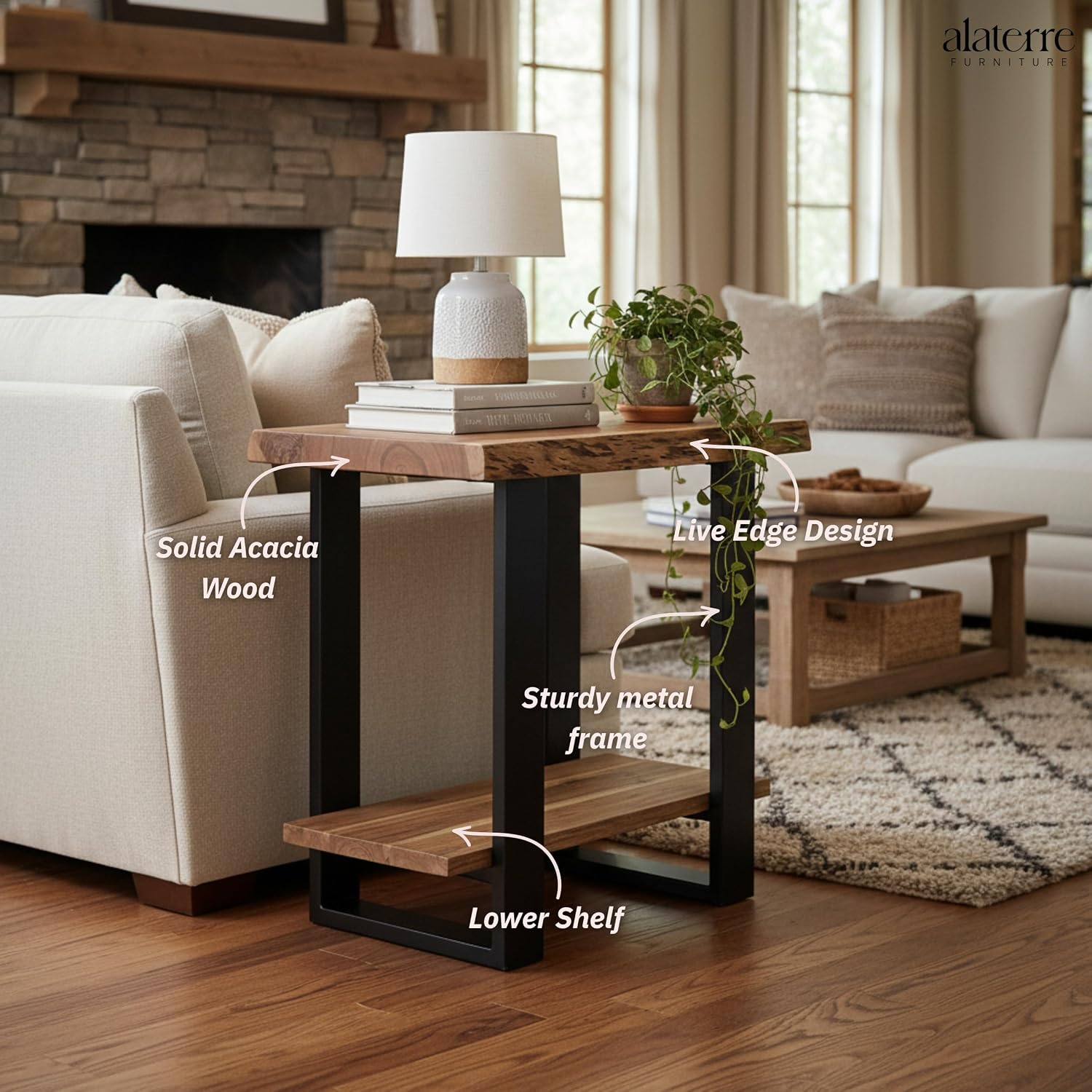 Alaterre Furniture Alpine Live Edge Modern End Table Set of 2-2-Tier Narrow Side Table Set with Open Storage Shelf - Solid Wood and Metal Modern Nightstands for Living Room or Bedroom (Natural)