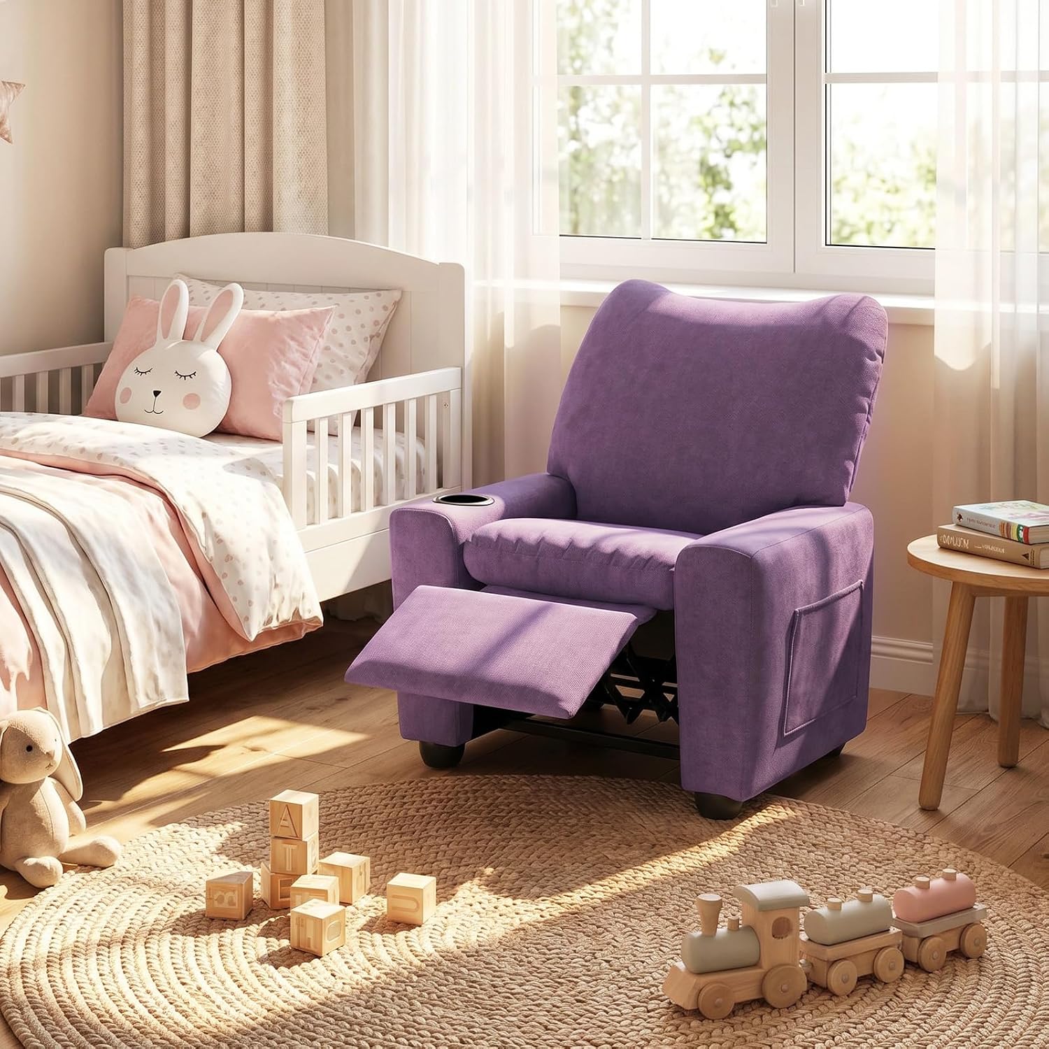 HONEY JOY Kids Recliner with Cup Holder, Chenille Fabric Upholstered Push Back Toddler Sofa w/Storage Pockets, Adjustable Backrest & Footrest, Child Reclining Chair for Ages 3+, Purple