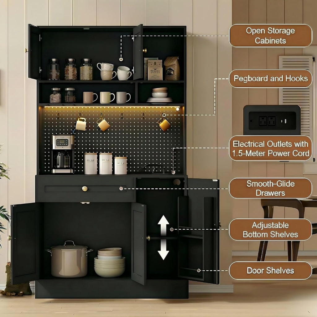 ELECWISH 71” Tall Pantry Cabinet with LED & Pegboard, Kitchen Pantry Storage Cabinet with Charging Station, 5 Hooks and Adjustable Shelf, Large Kitchen Hutch Coffee Bar for Dining Room, Black