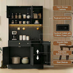 ELECWISH 71” Tall Pantry Cabinet with LED & Pegboard, Kitchen Pantry Storage Cabinet with Charging Station, 5 Hooks and Adjustable Shelf, Large Kitchen Hutch Coffee Bar for Dining Room, Black