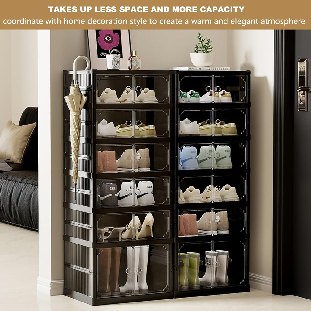 6 Tiers 12 Pairs Foldable Shoe Rack Storage Cabinet, Suitable for Closet Entryway, Collapsible Shoe Storage Organizer Cabinet with Magnetic Door，Easy Assembly (Black, 13.7x17.3x47.2)