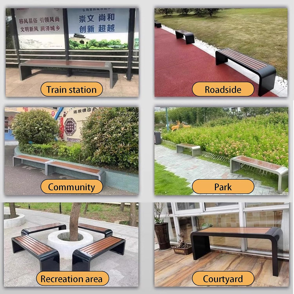 Outdoor Bench with Wooden seat and Stainless Steel Legs, Capable of Supporting 1000kg, Suitable for Stations, Parks, courtyards, and Streets Yellow - Loop-Shaped 150cm