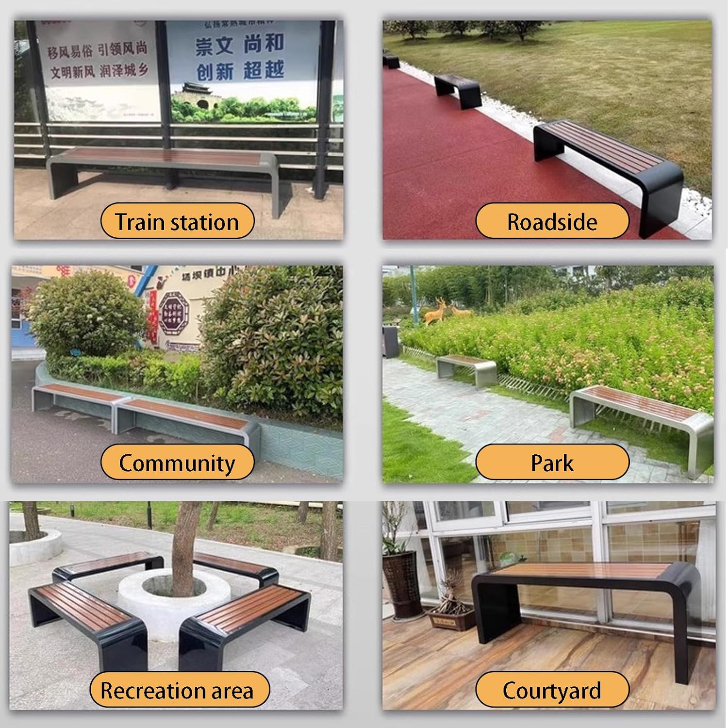 Outdoor Bench with Wooden seat and Stainless Steel Legs, Capable of Supporting 1000kg, Suitable for Stations, Parks, courtyards, and Streets Yellow - Loop-Shaped 150cm