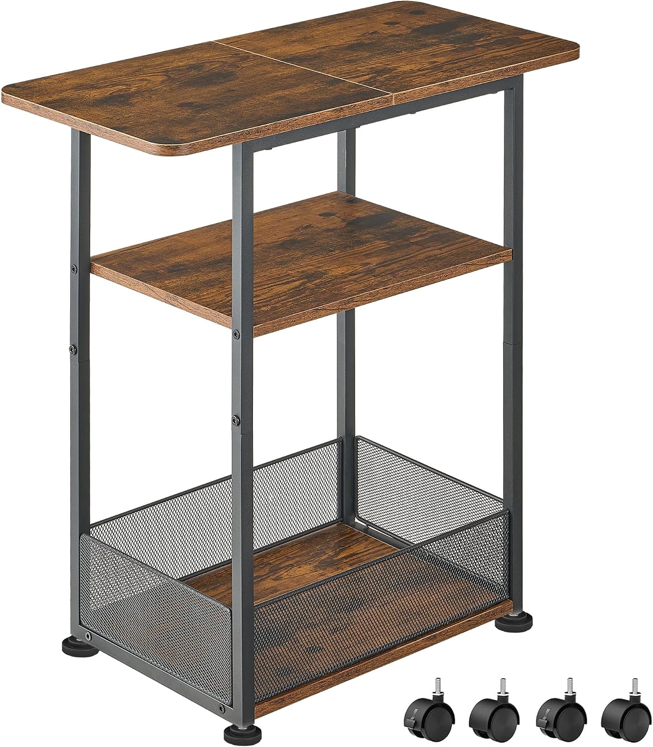 DALEMHOME Side Table with Wheels, Narrow Side Table with 3-Layer Storage Shelves, Slim Nightstand, Metal Frame, for Small Spaces, Living Room, Bedroom, 23.6" D x 11.8" W x 25.2" H, Rustic Brown