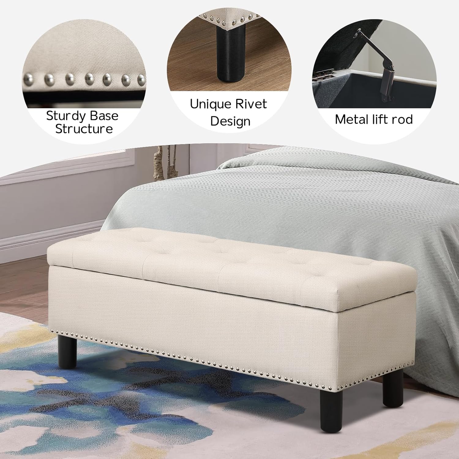 Furniliving 42" Ottoman with Storage, End of Bed Bench with Button-Tufted Large Upholstered Storage Ottoman Entryway Bench Storage Bench for Bedroom, Living Room, Linen, Beige