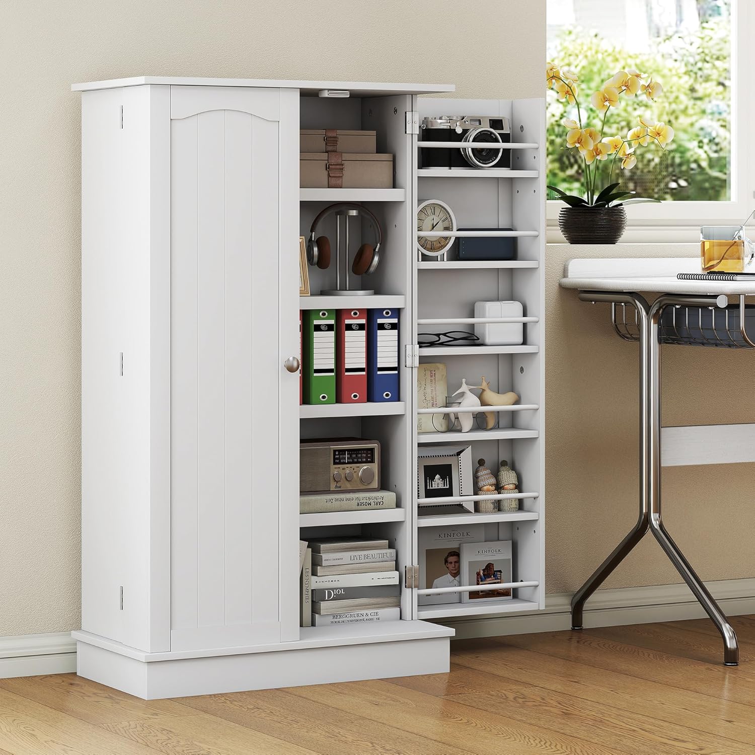 HOMCOM 41" Kitchen Pantry Storage Cabinet, Freestanding Kitchen Cabinet with 12 Door Shelves, Double Doors, 5-Tier Shelving and Adjustable Shelves, White