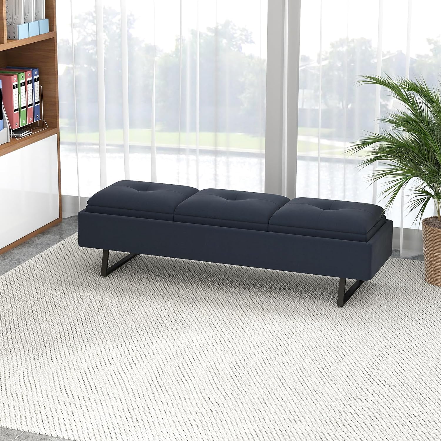 kinbor Waiting Room Chairs - Fabric Office Guest Chair, 3 Seats Upholstered Reception Bench Seating, Lobby Furniture for Salon and Shop, End of Bed Bench for Bedroom, Living Room, Hallway, Navy Blue