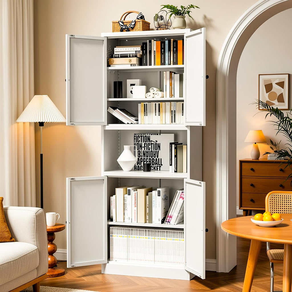 AQY Kitchen Pantry Cabinet,72" White Pantry Cabinet 3-Tier Adjustable Shelves 4 Doors, Freestanding Cupboard with Microwave Stand, Metal Cabinet with Handle for Living Room Kitchen Assembly Required