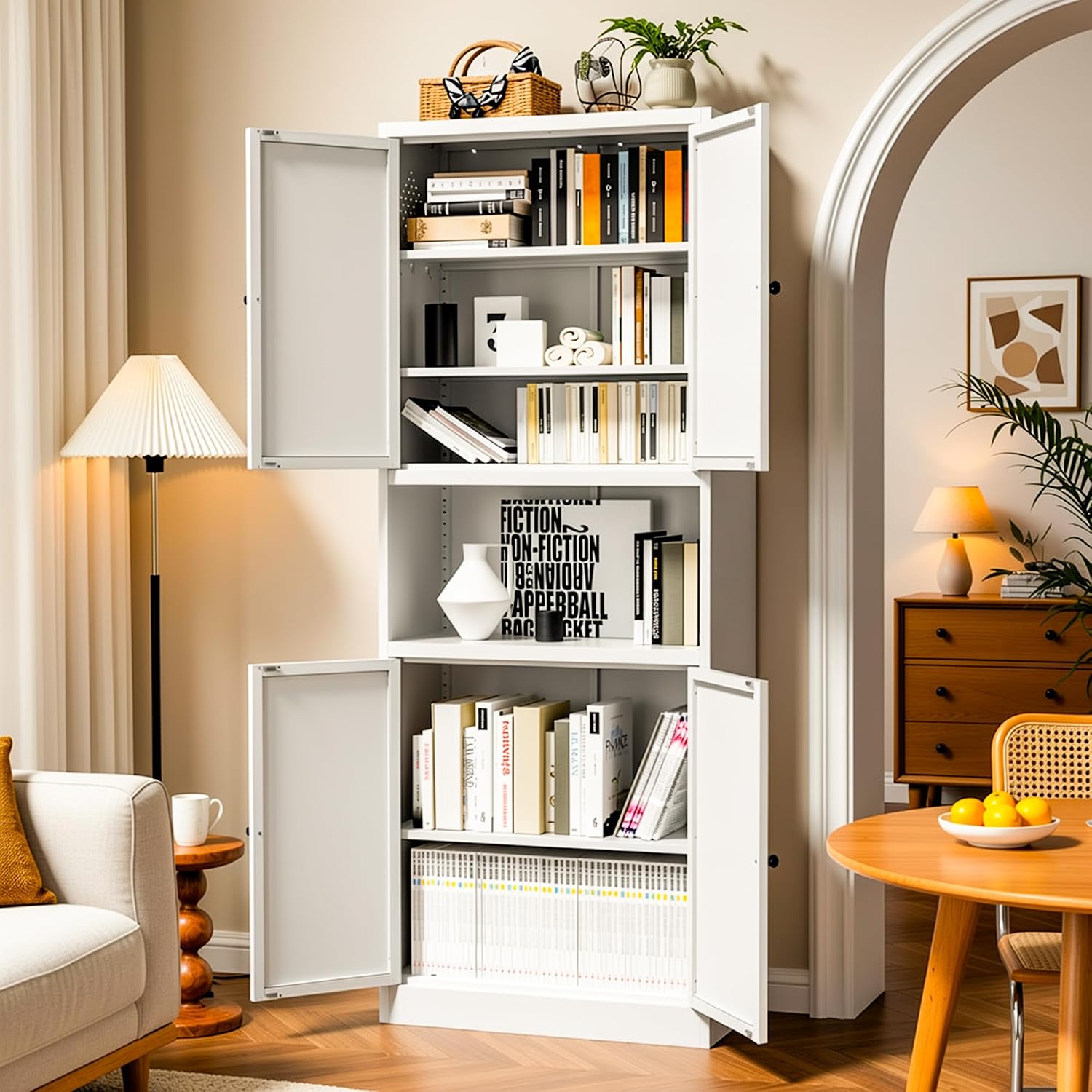 AQY Kitchen Pantry Cabinet,72" White Pantry Cabinet 3-Tier Adjustable Shelves 4 Doors, Freestanding Cupboard with Microwave Stand, Metal Cabinet with Handle for Living Room Kitchen Assembly Required