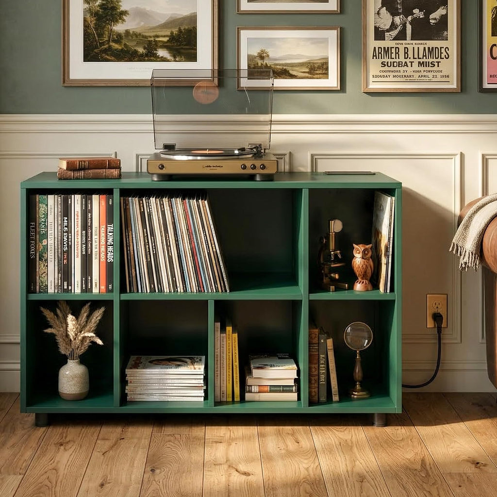 Record Player Stand with Charging Station, Green | Vinyl Record Storage Cabinet, Holds Up to 500+ Albums, Metal Turntable Stand with Large Tabletop for Music Room Studio