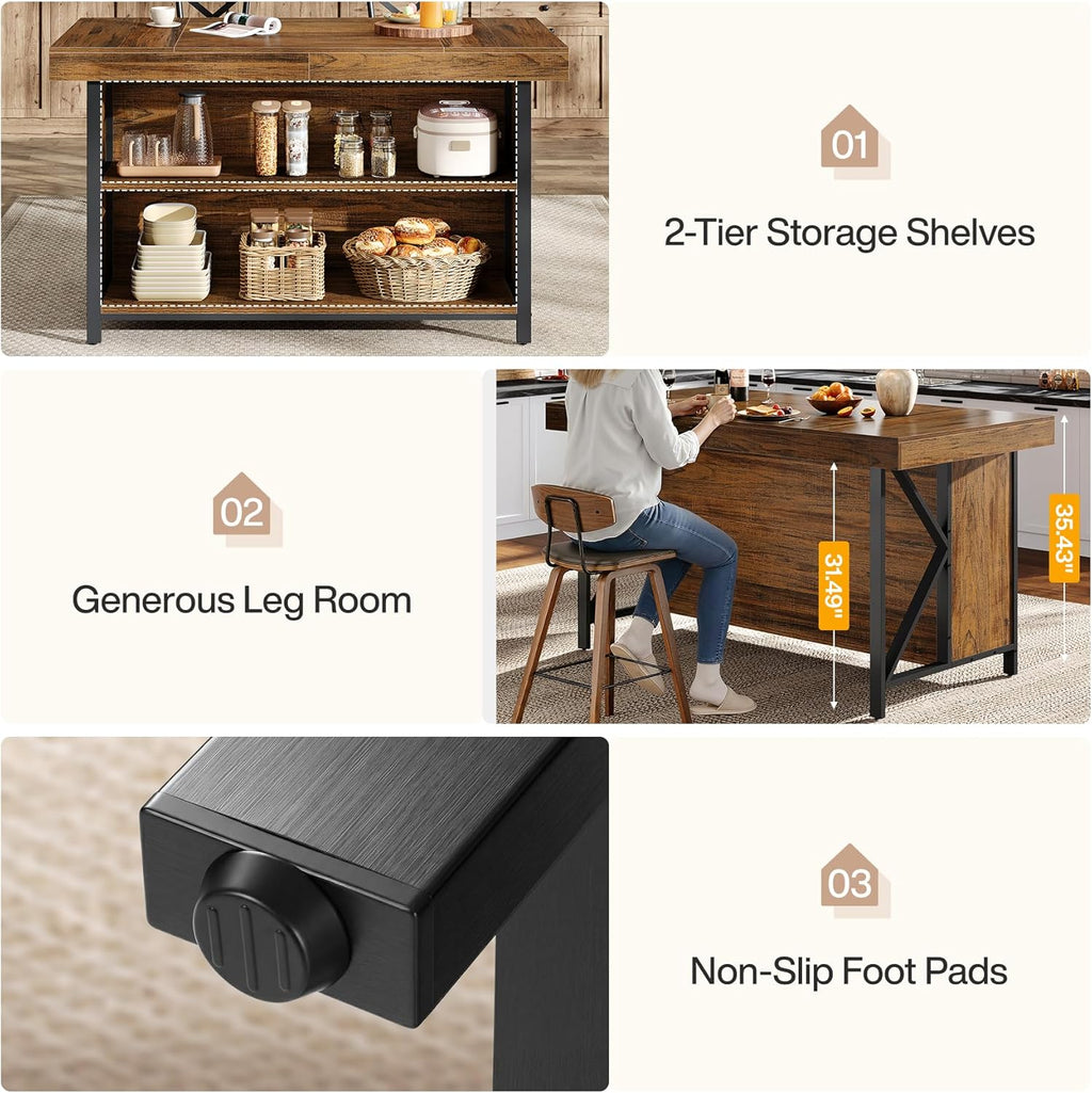 Tribesigns Large Kitchen Island with Storage, 55-Inch Wooden Stationary Island Table with Metal Frame, 3-Tier Industrial Center Bar Table with Thickened Countertop for Kitchen, Dining Room, Brown