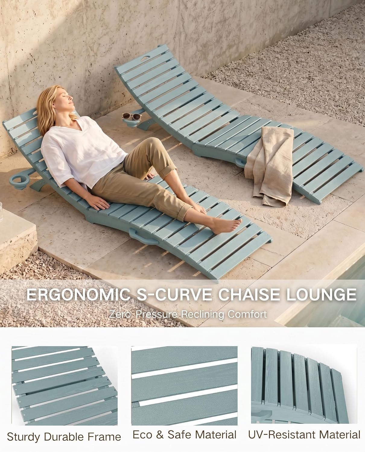PLUUV HDPE Folding Pool Lounge Chairs Set of 2, Use in Pool Lounge Chairs up to 8-Inches of Water, Pre-Assembled Lounge Chair with Cup Holders, for Hotel, Resort, Poolside, Sun Decks -Light Blue