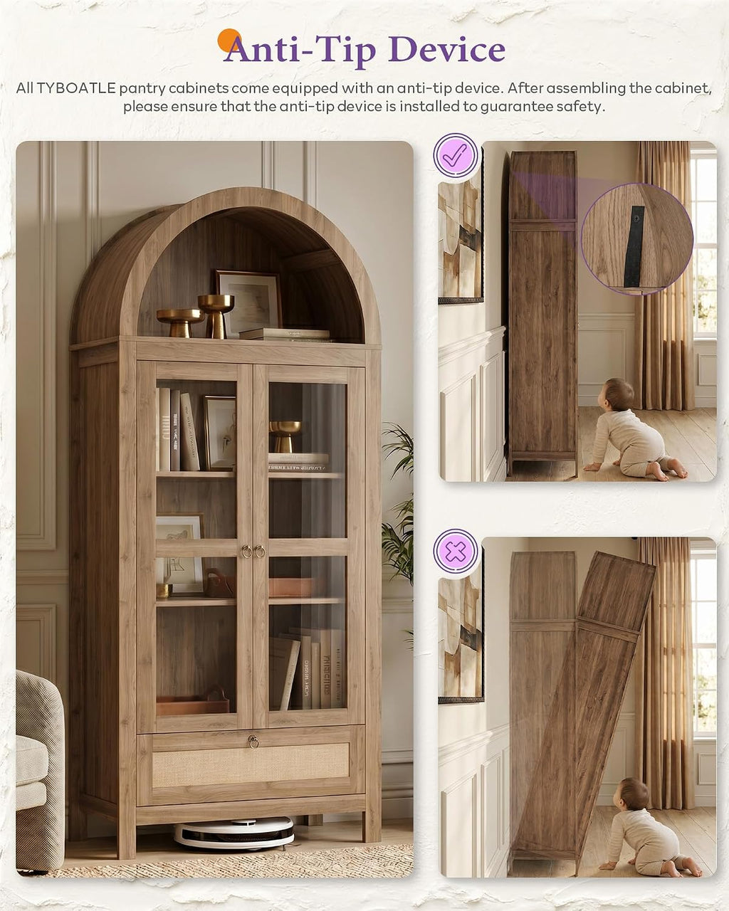 TYBOATLE 71" Tall Arched Pantry Cabinet with Innovative Drawer, Kitchen Cabinet with Anti-Tipping Device and Glass Door, Versatile Cupboard for Kitchen, Dining, Natrual